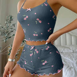 Women's Heart Print Sexy Ribbed Bow Decor Pajama Set, Round Neck Backless Comfortable Crop Cami Top & Shorts, Summer Nightwear