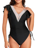 2026 Crochet Drawstring One Piece Swimsuit Women Sexy Ruffle Swimwear Female Solid Bathers Bathing Swimming Swim Suit Beachwear