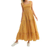 Women Summer Bohemian Floral Print Sundress Smocked Square Neck Sleeveless Backless A-line Long Tiered Ruffle Dress with Pockets