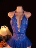 Blue Open Crotch Women Body Suit Crotchless Adult Sexy Erotic Lingerie Pajamas Lace Temptation Sex Bodysuit V-neck Hot Underwear