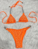 6 Colors Sexy Bikini Women Hollow Rhinestones Chain Halter Swimwear Swimsuit Bikinis Set Bathing Suit Beach Bikini Luxe Female