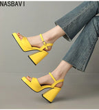 NASBAVI Women Patent Leather Sandals Super Chunky High Heeled Ankle Buckle Shoes Platform Summer Thick Heel Sandal Ladies 35-43