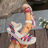 Bohemian Floral Printed Wedge Heel Sandals Women Summer Slip On Chunky Platform Sandles Woman Elastic Strap High Heels Sandals