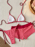 Sexy Red Striped Bikini Set Women Metal Flower Push Up Bra High Waist Pants 3 Piece Swimsuit 2026 Bathing Suit Holiday Swimwear