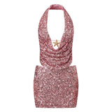 Summer Women Party Evening Sequins Outfits Backless Halter Low Cut Vest and Pencil Skirt Sets Y2K Aesthetic Clothes