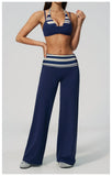 Fake Two-piece Sports Bra Yoga Sets Women Coffee Striped Patchwork Folding High Waist Wide Leg Pants Gym Running Fitness Suits