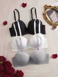 3PCS Plus Size Women's Underwear Set Lace Trim Ribbed Push up Bra Wide Shoulder Straps Underwire Thin Cup Comfy Lingerie Bra