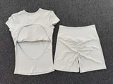 Women's Seamless Yoga Sets Sports Fitness Workout Hip-lifting High Waist Shorts Backless Short-sleeve Vest Suit Gym Training Set