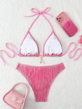 Triangle Halter String Bikinis 2026 Women Sexy Swimsuit Solid Ring Linked Swimwear Female Bathers Bathing Swimming Swim Suit