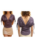 Womens Summer Solid Color Drawstring Tops Casual Stylish Ruched Slim Fit Short Sleeve T-shirts