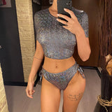 Plaid Cross Back Short Sleeve Bikini Women Swimwear Female Swimsuit Two-Pieces Bikini Set Bather Bathing Suit Swim Lady V4395