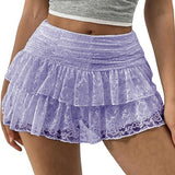 Women's Summer Solid Color Lace Floral Skirt High Rise Tiered Ruffled Flowy Short Mini A Line Skirts Streetwear