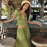 FDYOUI Sexy V-neck Lace Patchwork T-shirt Tops+Long Skirt 2 Piece Set Women's Summer Green Holiday Party Dress Suit Streetwear