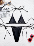 DEKA PU Faux Bikini Set Leather Halter High Leg Cut Female Swimsuit Women Sliver Swimwear Bikini Bather Bathing Suit Swim