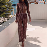 S - XXL Polka Dot Long Sleeve With Zipper Pants One Piece Swimsuit Women Swimwear Female Padded Bather Bathing Suit Swim V8363