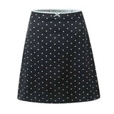 2026 Women Vintage Black White Polka Dot A-line Knee Length Skirt Sexy Low Waist Holiday Summer Skirts Slim Mini Skirts J7L2