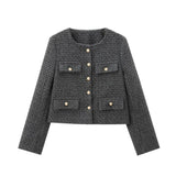 Foridol Tweed Knitted Dark Grey Blazer Coat Women Autumn Winter Gingham Short Coat Office Lady Vintage Buttons Veste
