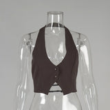 Elegant Halter Neck Backless White Tank Tops Women 2026 Summer Sexy Off Shoulder Buttons Crop Top High Street Lady Solid Vests