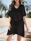 Sexy Hollow Out Beach Cover Up Women Blue White Knitted Crochet Tunic Mini Dress Short Sleeve V Neck Loose Cover-ups Beachwear