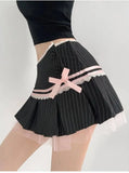 Striped Contrasting Color Bow Lace Splicing Pleated Skirt Women 2026 Summer American Style Low Waist  A-line Short Skirt UBFK