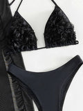 3D Flowers Ruffled Halter Long Skirt Bikini Women Swimwear Female Swimsuit Three-pieces Bikini Set Bathing Suit Swim Beach Wear