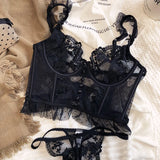 French Sexy Lingerie Set Women Ultra Thin See Through Embroidery Lace Bra & Thong Push Up Underwear Shaping Camisole Set MOYISU