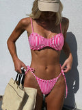 DEKA 2026 Vintage Pink Striped Knitted Bikini Set Women Sexy Drawstring Side Swimsuit Bathing Suit Swimwear