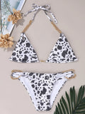 Sexy Cow Print Halter Metal Chains Brazilian Bikini Women Swimsuit Female Swimwear Two Pieces Bikini Set Bathing Suit Swim Lady
