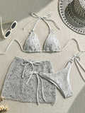 With Mesh Sarong Skirt Halter Bikini Women Swimwear Female Swimsuit Three-pieces Bikini Set Fishnet Bathing Suit Swim Beachwear