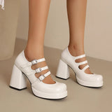 Plus Size Women Red Patent Leather Platform Mary Jane Shoes 3 Rhinestone Buckle Straps Chunky Block  Y2K Lolita Party Pumps