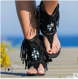 Retro Women Fringe Flower Wedges Shoes 2022 Solid Flock Beach Casual Sandals Women Summer Flip Flop Sandals