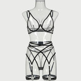 Toucheart 4 Piece Set Bra Set Nude See-Through Mesh Contrasting Color Hemmed Sexy Underwear For Women Girdle Garter Belt Suit
