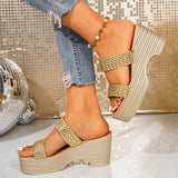 Fashion Gold Woven Wedge High Heel Sandals Women Summer Chunky Platform Slippers Woman Plus Size Comfortable Thick Heels Sandals