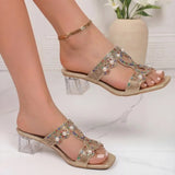 Boho Pearl High Heels Slippers Women's Party Slippers Fashion Sequins Rhinestone Thick Heel Sandals Women's Mules Open Toe Shoes