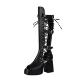 Plus Size Women Black Patent Matte Leather Lace Up Knee High Boots Peep Toe Platform Block Heel Back Zip Gothic Y2K Party Heels
