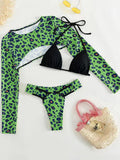 Leopard Printed Long Sleeve Beach Cover-up Bikini Women Swimwear Female Swimsuit Three-pieces Bikini Set Micro Bathing Suit Swim