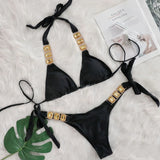 DEKA Sexy Crystal Diamond Swimwear Rhinestone Bikini Set Women Luxury Black Push Up Bandage Thong Swimsuit Beach Bathing Suit