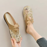 Women Mesh Sequins Slippers Outdoor Retro Slides for Girls Flat Heeled Summer Mules Female Bling Shoes with Bow Sweet Sandals