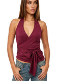 2026 Summer Women's Halter Tank Tops Deep V Neck Side Tie Wrap Vest Daily Casual Going Out Sleeveless Shirts