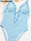 Deep V Neck Frilled Ruffled Halter Women Swimwear One Piece Swimsuit Female Monokini High Leg Cut Bather Bathing Suit Swim V8055