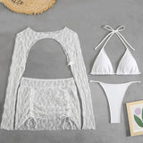 Toucheart Sexy Lingerie Suit for Women Mesh Four-piece Beach Swimsuit Sexy Bikini Solid Color Long Sleeves Mesh See-through Set