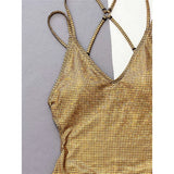 Sexy Golden Sequins Cross Back One Piece Swimsuit Women Swimwear Female Scrunch Butt High Leg Cut Bather Bathing Suit Swim V4967