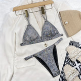 S - XL Sexy Shiny Sequins High Leg Cut Bikini Female Swimsuit Women Swimwear Two-piece Bikini set Bather Bathing Suit Swim V3862