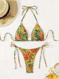 Tropical Print Bikini Set Women's 2026 New 2 Piece Swimsuit Sexy Triangle Halter Backless Thong Swimwear Beach Vacation Wear
