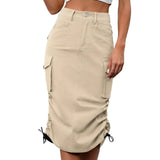 Womens Cargo Midi Skirt High Waist Multi Pocket Pencil Skirt Side Drawstring Ruched Split Hem Bodycon Summer Skirts Streetwear