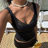FDYOUI Sexy Lace Patchwork Tank Tops for Women Fashion Sleeveless Backless Cropped T-shirt Black White Y2K Skinny Corset Top