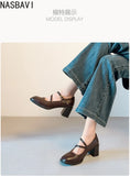 6cm Heel Genuine Cowhide Women's Single Shoes French Mary Janes Soft Leather Round Toe Summer Girls Princess Dress Shoes Brown