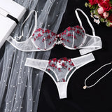 Women's White Red Rose Embroidered Underwear Set - French Romantic Date Intimate Women's Underwear ZA824026