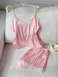 Two Piece Women's V-Neck Sexy Lace Suspender Pajama Satin Silk Intimate Lingerie Pink Stripe Sleewpear Pijamas Suit Summer New