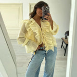 Women's Layered Bell Sleeve Blouse Yellow Ruffled Sheer Blouse V Neck Tie Front Long Sleeve Casual Top With Puffed Sleeves BLZW